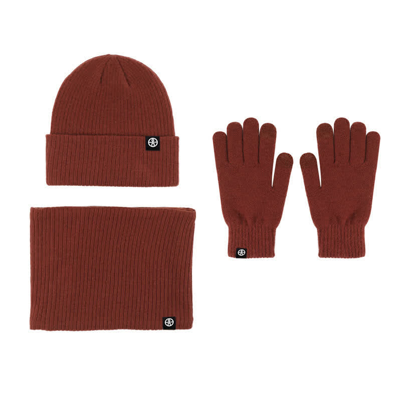 Conjunto de 3 guantes y gorro unisex de color liso, suaves, con bufanda