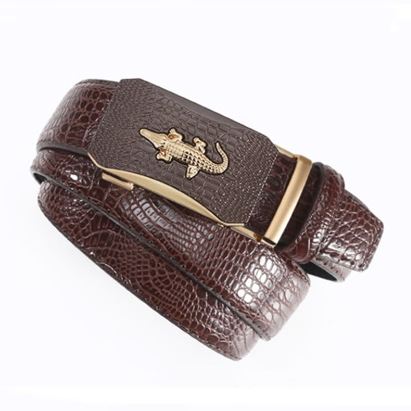 Cinturón de cuero con trinquete y hebilla con relieve de cocodrilo para hombre