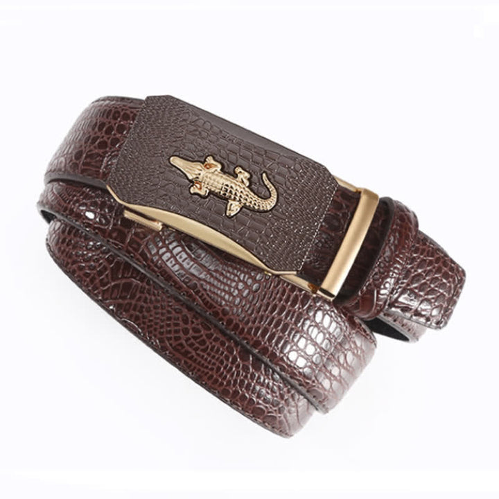 Cinturón de cuero con trinquete y hebilla con relieve de cocodrilo para hombre