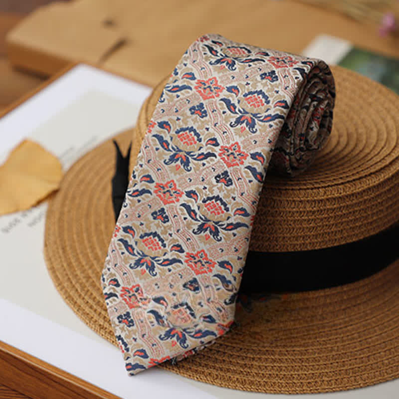 Corbata exótica con diseño de loto misterioso en beige y rosa para hombre