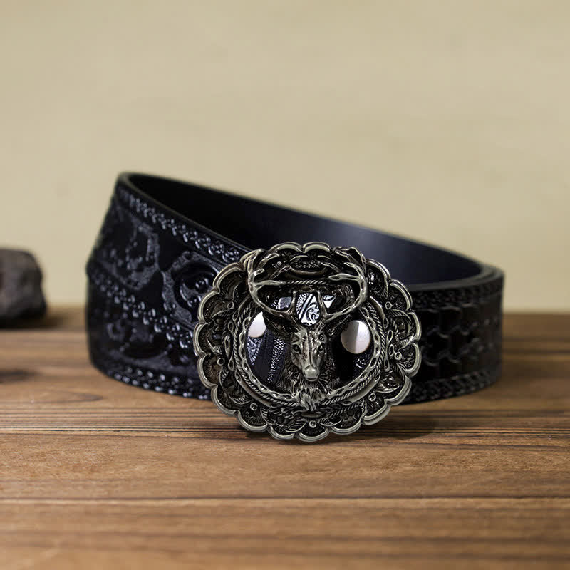 Cinturón de cuero con hebilla de cuerno de alce 3D hueco para hombre hecho a mano