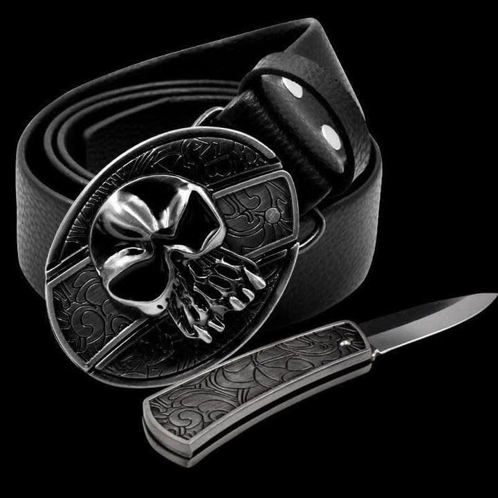 Cinturón de cuero con calavera para hombre y navaja plegable