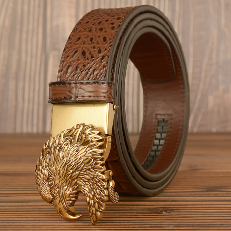 Cinturón de piel con relieve de cocodrilo y cabeza de águila para hombre