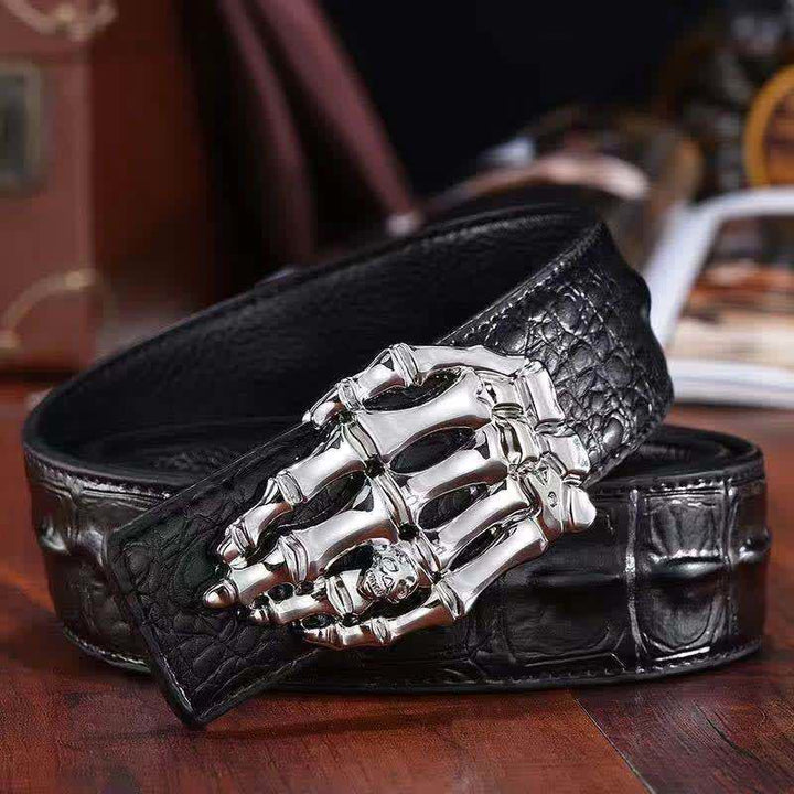 Cinturón de piel con diseño de cocodrilo y calavera para hombre.