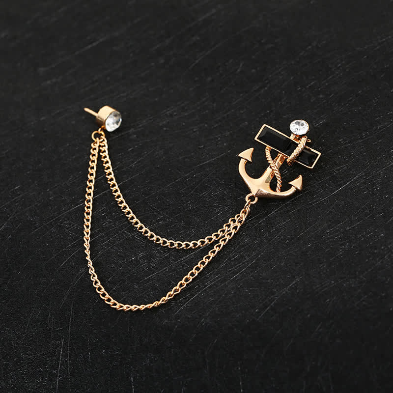 Broche de cadena con ancla y gemas negras para hombre