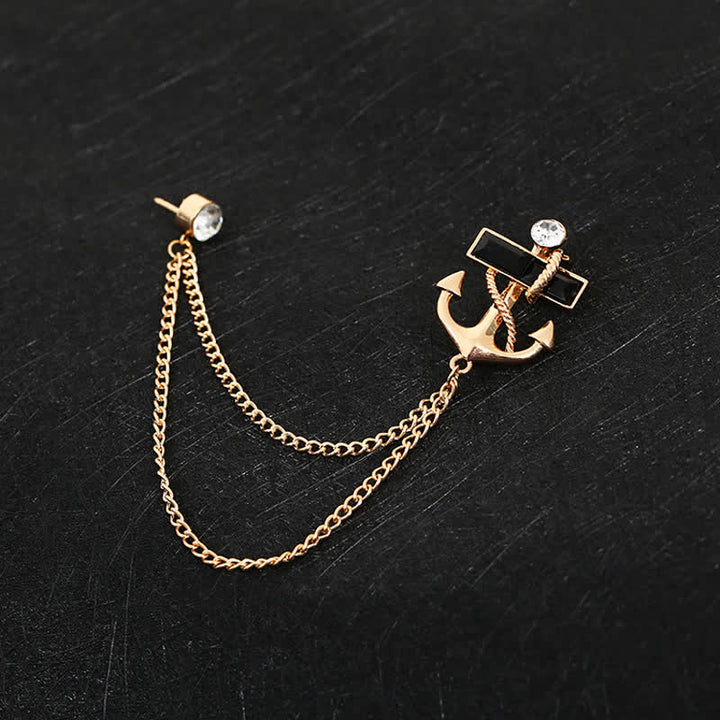 Broche de cadena con ancla y gemas negras para hombre