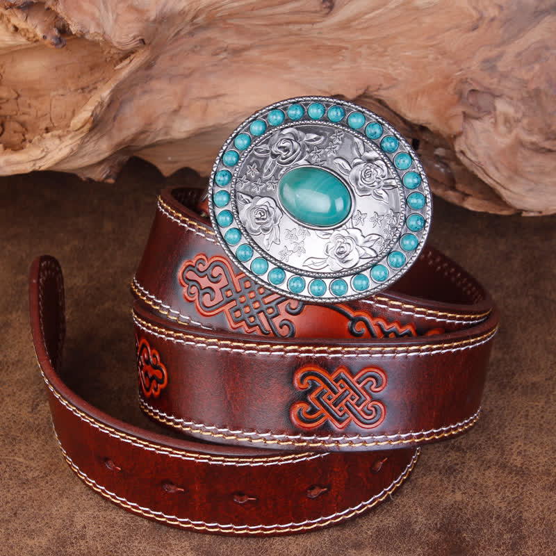 Cinturón unisex de piel de ágata de jade y turquesa rosa tallada