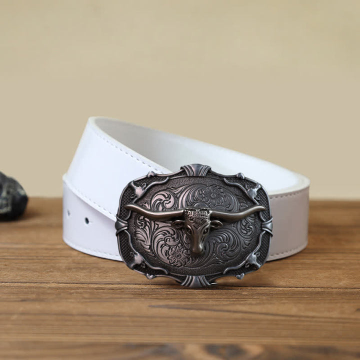 Cinturón de cuero con hebilla cuadrada de toro Longhorn plateado para hombre hecho a mano