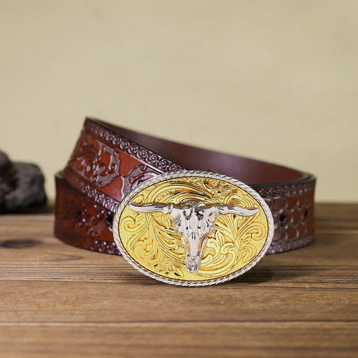 Cinturón de cuero con hebilla de cabeza de toro dorada brillante para hombre hecho a mano