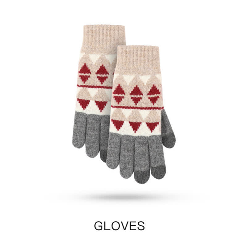 Conjunto de 3 guantes y gorro con estampado de triángulos para mujer