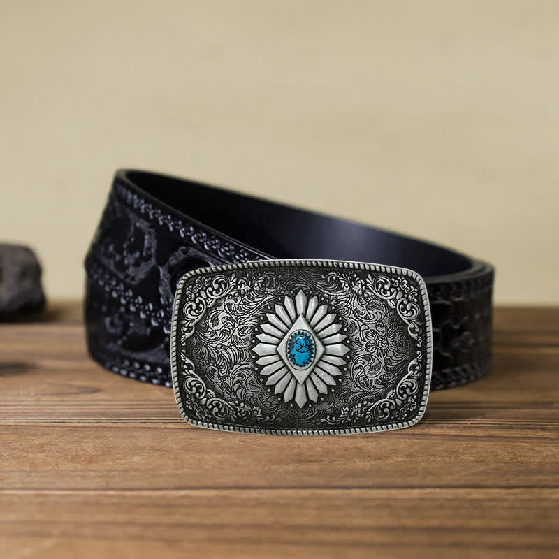 Cinturón de cuero con hebilla occidental turquesa cuadrada para hombre hecho a mano