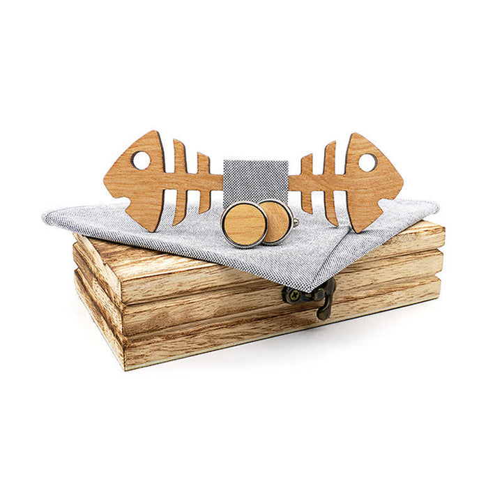 Juego de 3 pajaritas de madera con diseño de espina de pescado para hombre