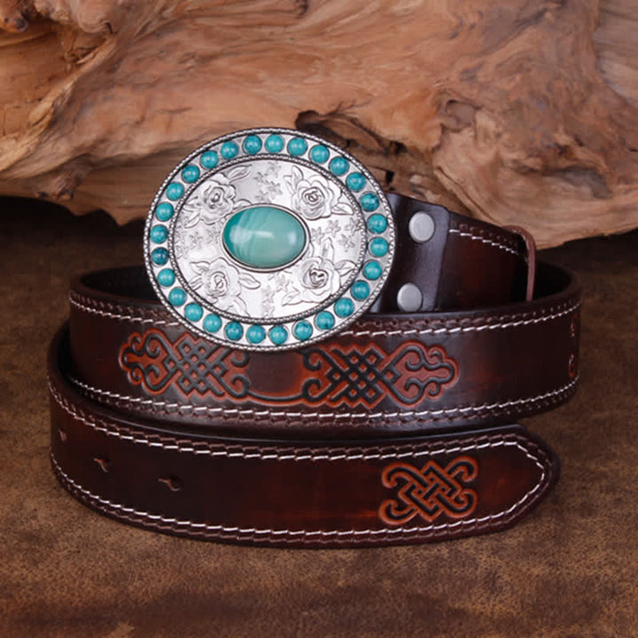 Cinturón unisex de piel de ágata de jade y turquesa rosa tallada