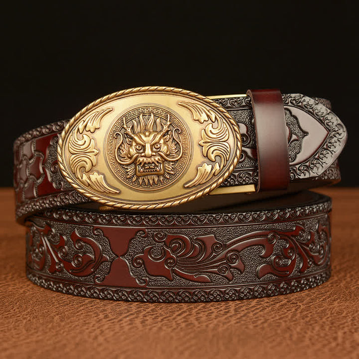 Cinturón de cuero con hebilla elíptica y diseño de dragón para hombre