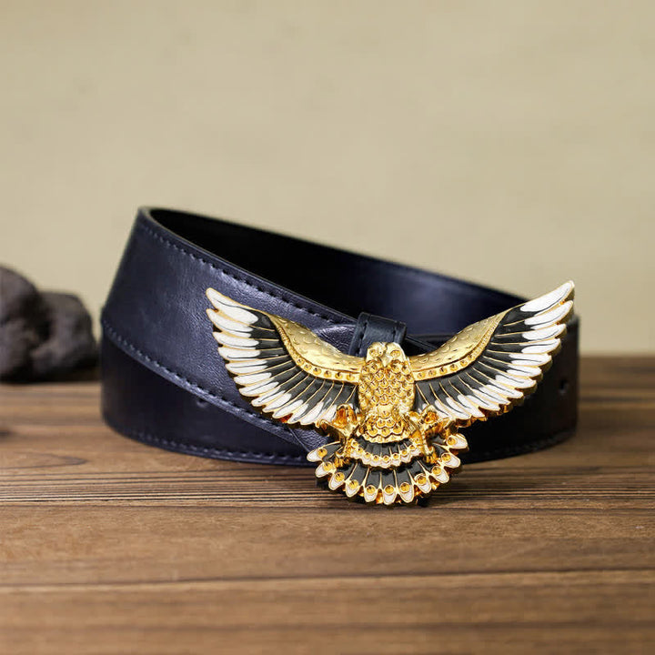 Cinturón de cuero con hebilla de alas extendidas de águila dorada para hombre hecho a mano
