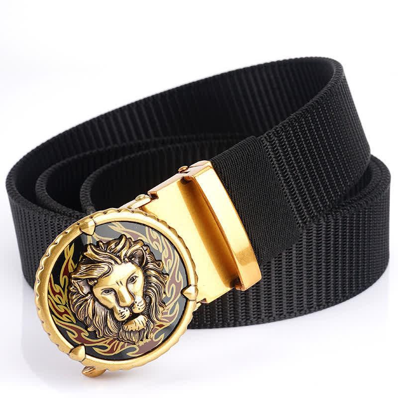 Cinturón de nailon práctico con estampado de cabeza de león para hombre - Negro / dorado - 48" - image 8