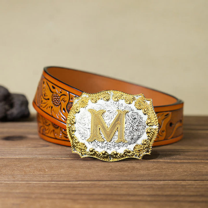 Cinturón de cuero con hebilla con letras iniciales doradas para hombre hecho a mano