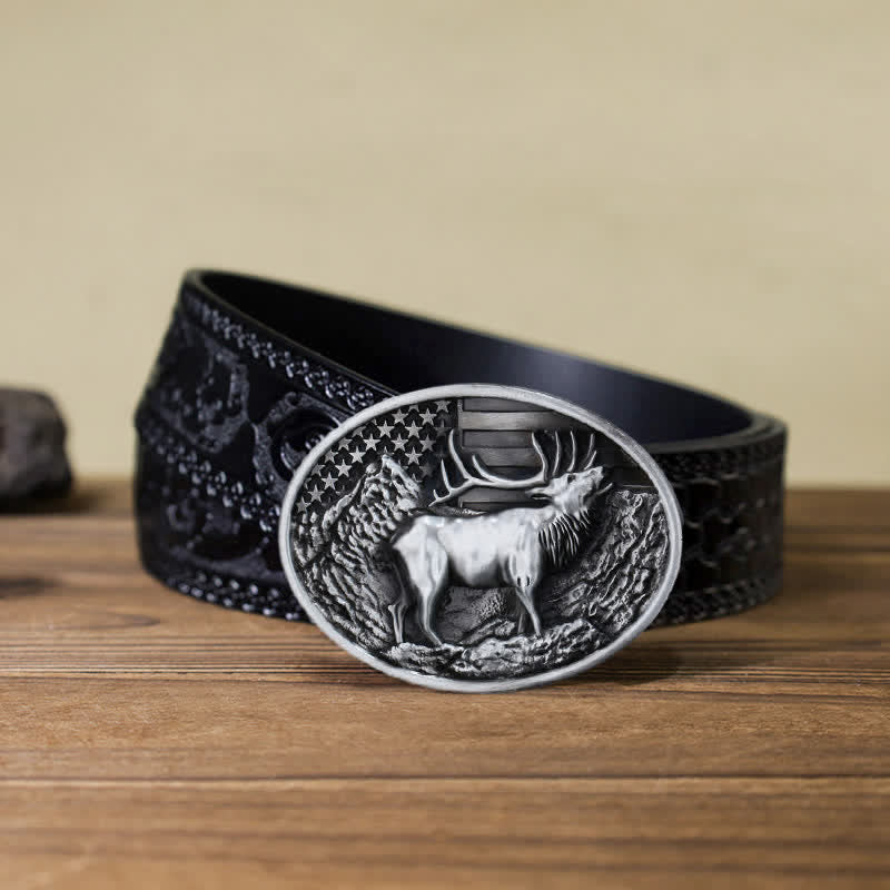Cinturón de cuero con hebilla de bandera estadounidense con diseño de alce y ciervo para hombre