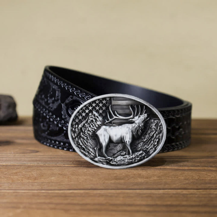 Cinturón de cuero con hebilla de bandera estadounidense con diseño de alce y ciervo para hombre