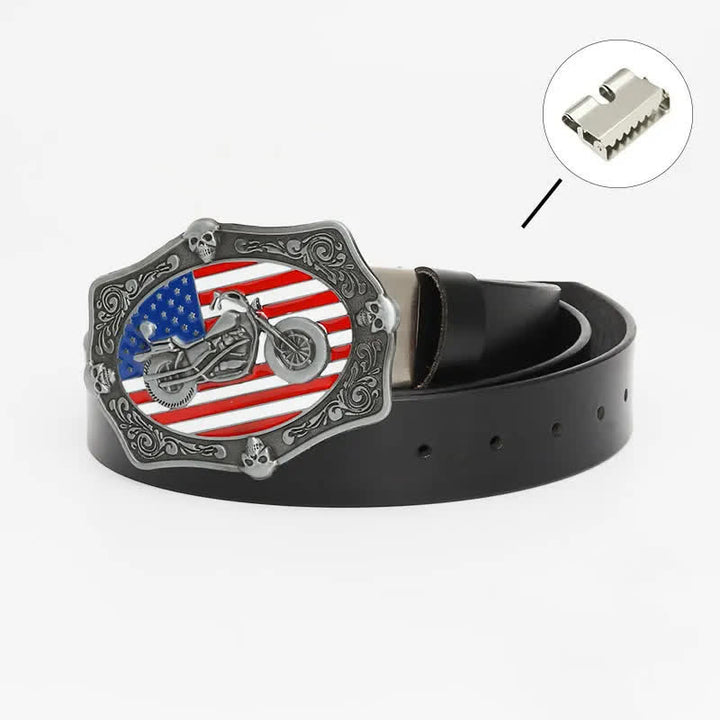 Cinturón de cuero con calavera y bandera estadounidense para hombre con diseño de motocicleta