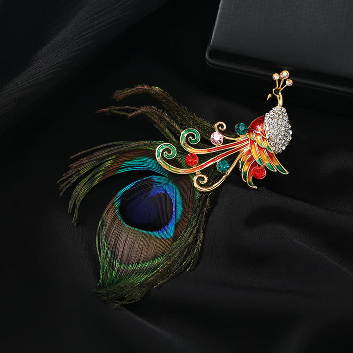 Broche étnico colorido de plumas de pavo real para mujer