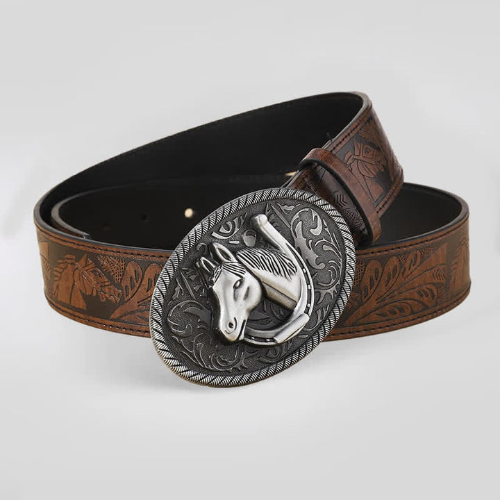 Cinturón de cuero con estampado en relieve de cabeza de caballo marrón para hombre