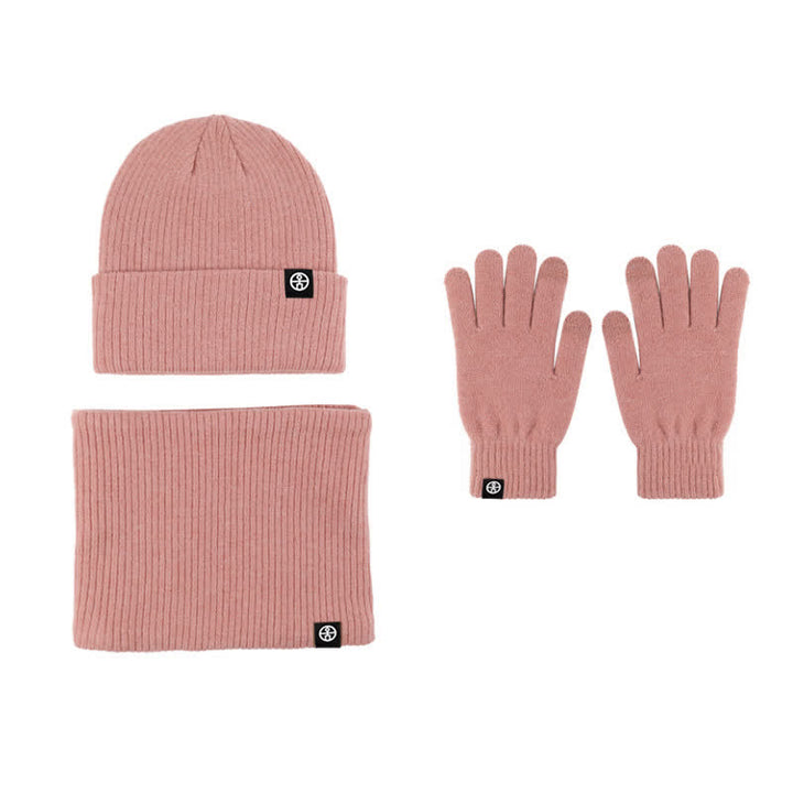 Conjunto de 3 guantes y gorro unisex de color liso, suaves, con bufanda