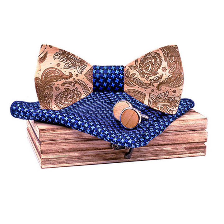 Juego de 3 pajaritas de madera con diseño de cachemira tallada para hombre.