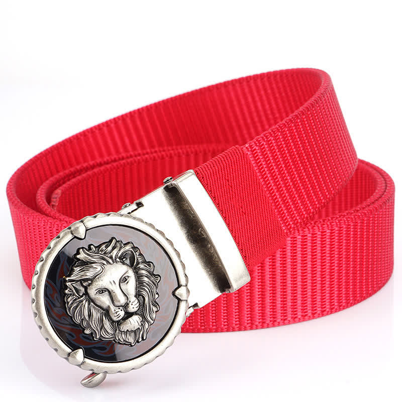 Cinturón de nailon práctico con estampado de cabeza de león para hombre - Rojo / Plata - 48" - image 22