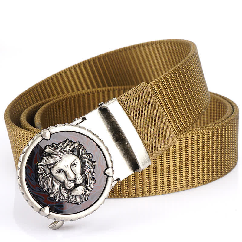 Cinturón de nailon práctico con estampado de cabeza de león para hombre - Caqui / Plata - 48" - image 15