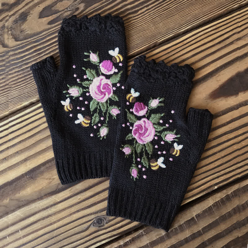 Guantes de punto de medio dedo con bordado de flores para mujer