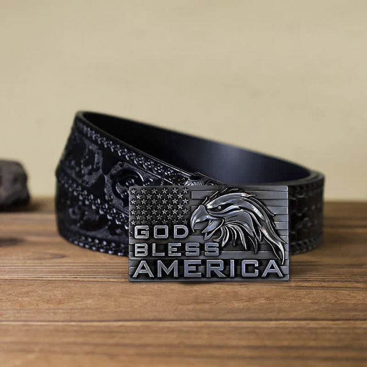 Cinturón de cuero con hebilla de águila God Bless America para hombre, hecho a mano