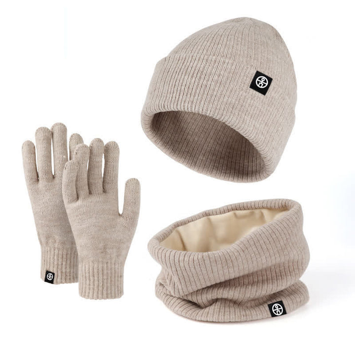 Conjunto de 3 guantes y gorro unisex de color liso, suaves, con bufanda