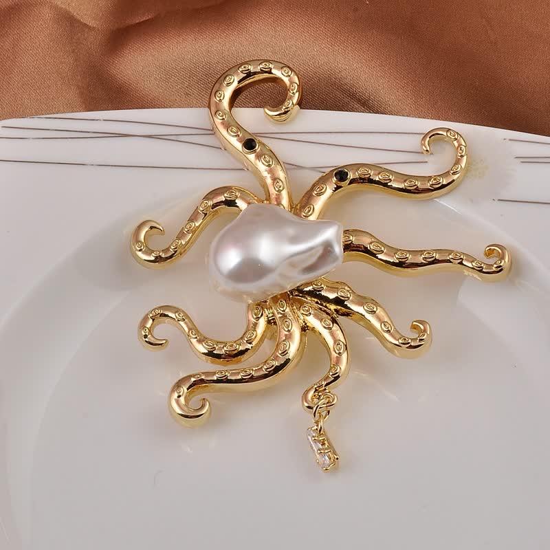 Broche unisex con perla grande en forma de pulpo tropical