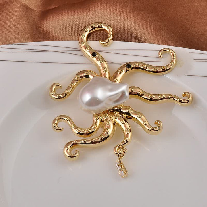 Broche unisex con perla grande en forma de pulpo tropical