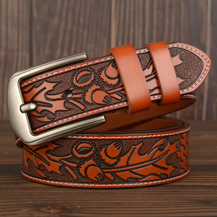 Cinturón de cuero con estampado floral en relieve para hombre