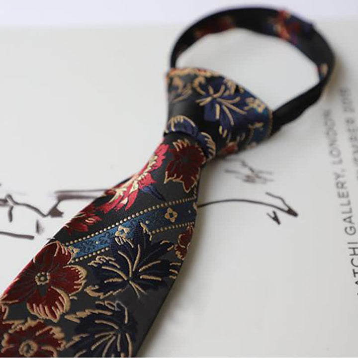 Preciosa corbata con cremallera y flores bordadas para hombre