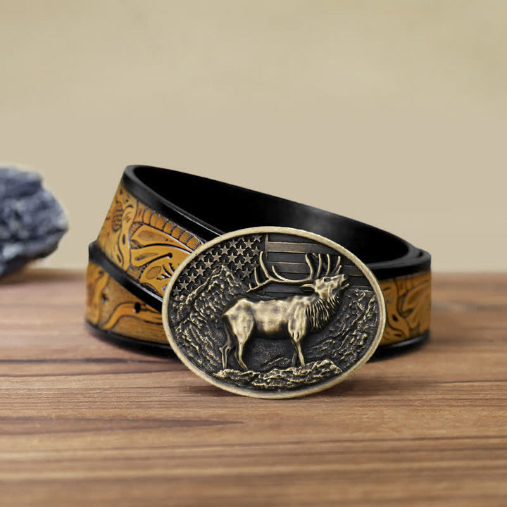 Cinturón de cuero con hebilla de bandera estadounidense con diseño de alce y ciervo para hombre