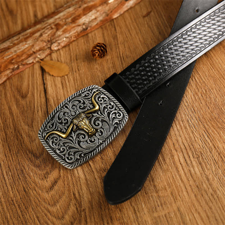 Cinturón de cuero con hebilla de toro cuadrada y flor para hombre