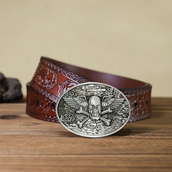 Cinturón de cuero con hebilla para hombre, con diseño creativo de calavera y ángel, para llevar cerveza