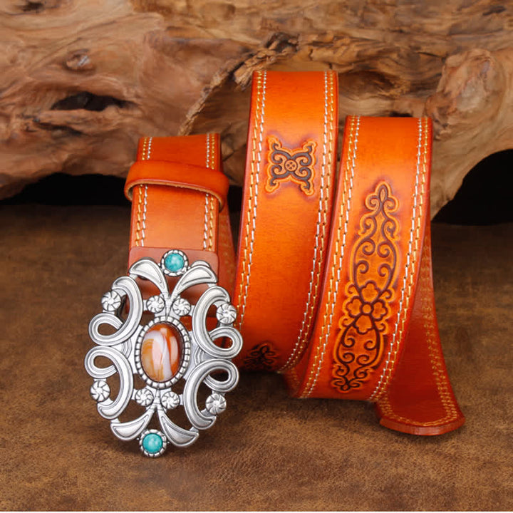 Cinturón unisex de cuero con flor hueca de color turquesa y piedra de ágata