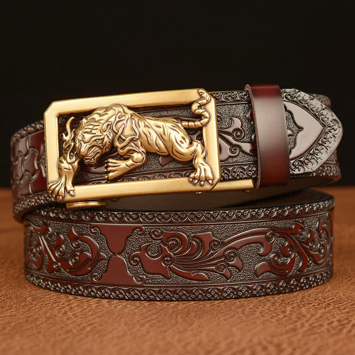 Cinturón de cuero con estampado floral y hebilla de tigre para hombre