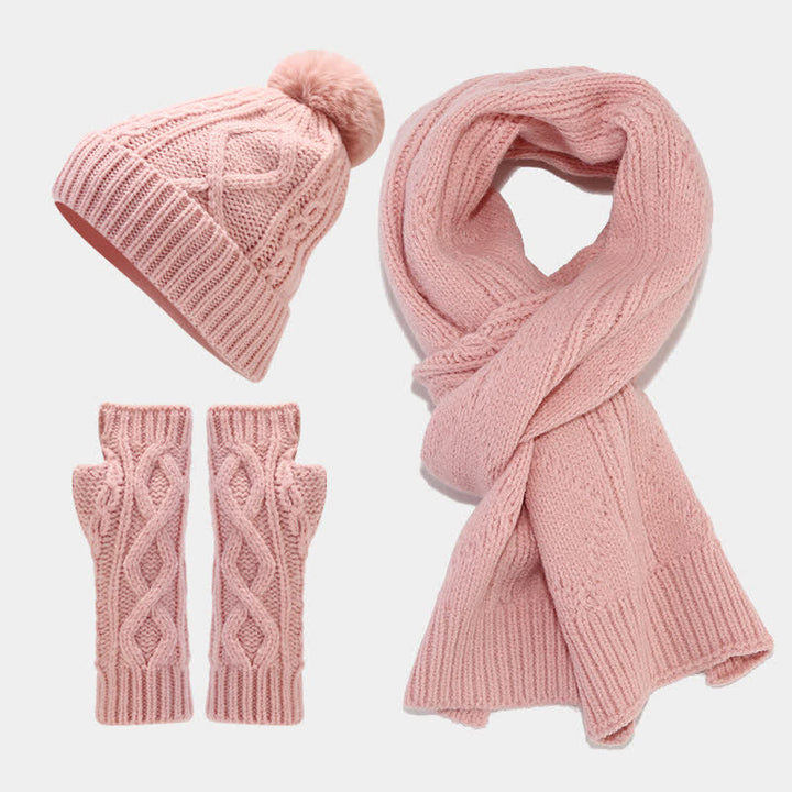 Conjunto de 3 piezas de gorro, bufanda y manoplas sin dedos de punto con cable para mujer