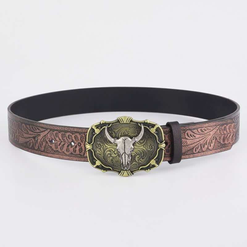 Cinturón de cuero con hebilla cuadrada y diseño de toro desgastado para hombre
