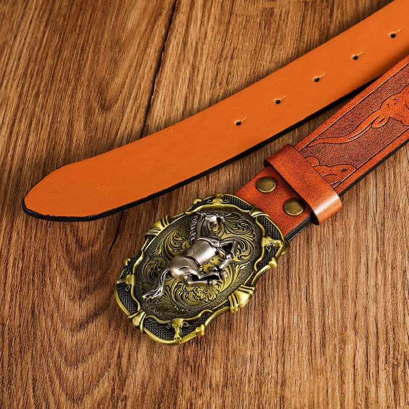 Cinturón de cuero con hebilla geométrica y diseño de caballo para hombre