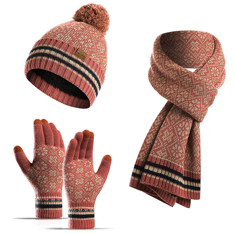 Juego de 3 guantes unisex con pantalla táctil, gorro y bufanda con copos de nieve