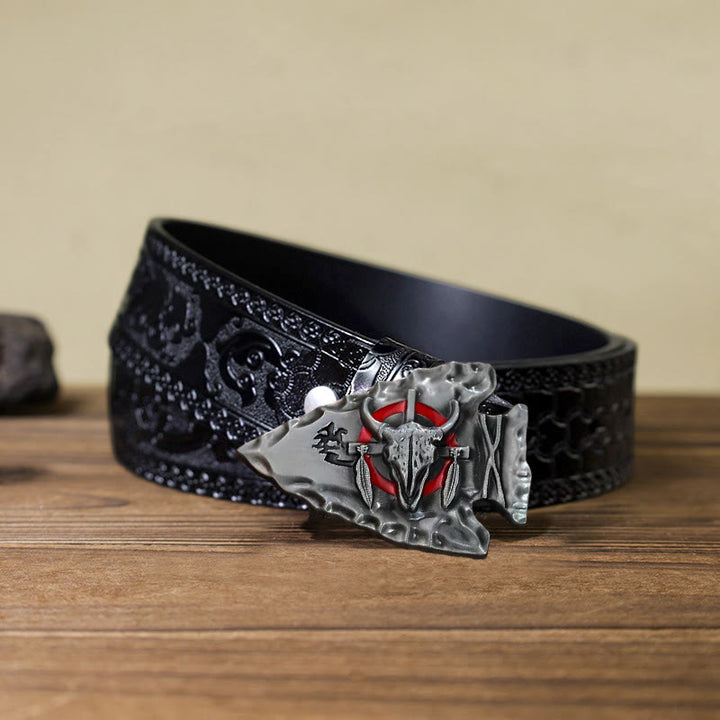 Cinturón de cuero con hebilla de toro en forma de punta de flecha para hombre hecho a mano
