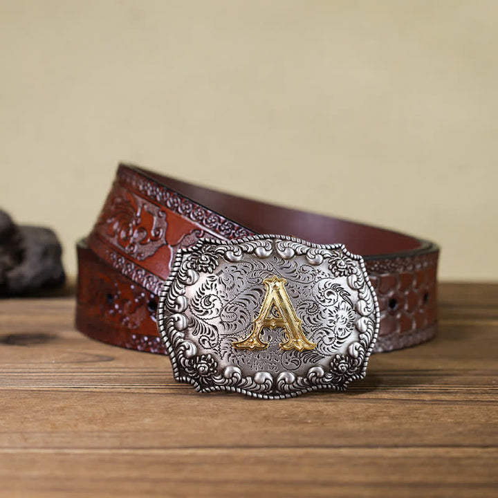 Cinturón de cuero con hebilla con letras iniciales del alfabeto para hombre