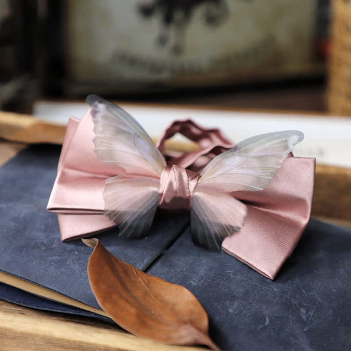 Conjunto de pajarita y pañuelo de bolsillo de organza vintage con mariposas para hombre