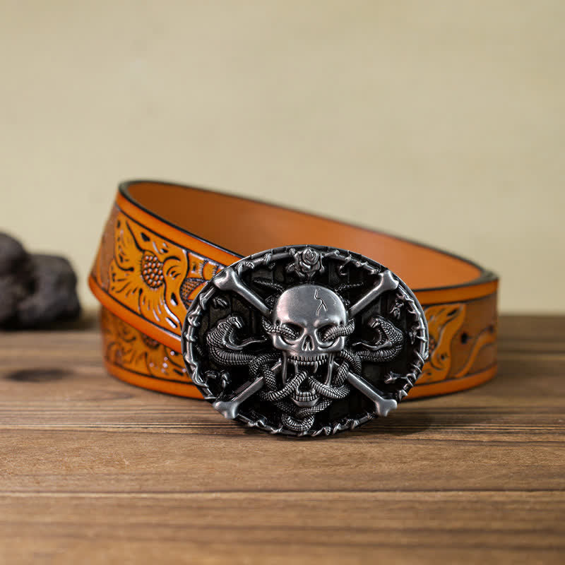 Cinturón de cuero con hebilla de serpiente y calavera gótica para hombre hecho a mano